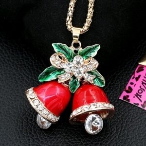 NWT Enamel Crystal long chain Pendant Betsey Johnson Christmas Bells